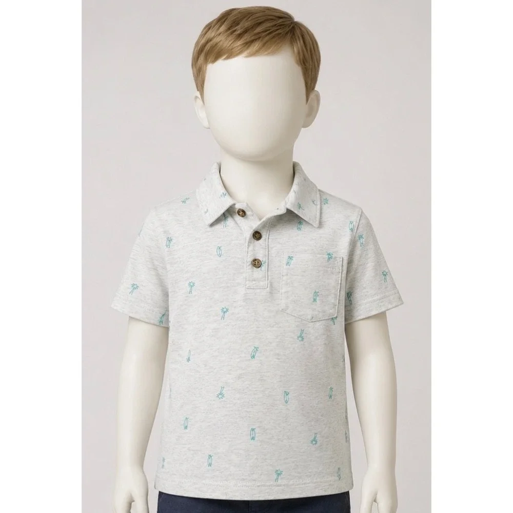 Carters Boys Gray Tropical Palm Tree Surfboard Polo Shirt Size 6 Short Sleeve